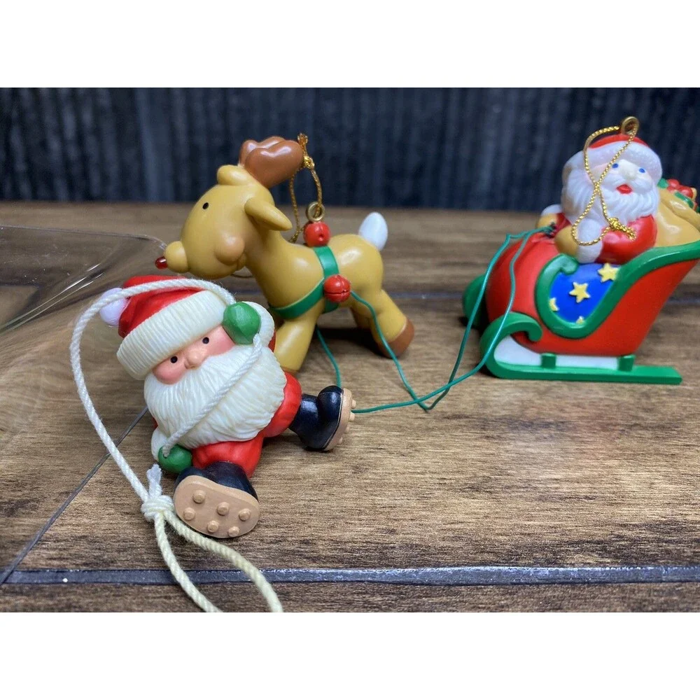 Santa Claus Christmas Tree Ornaments Sleigh Rudolph Plastic Small Red Green